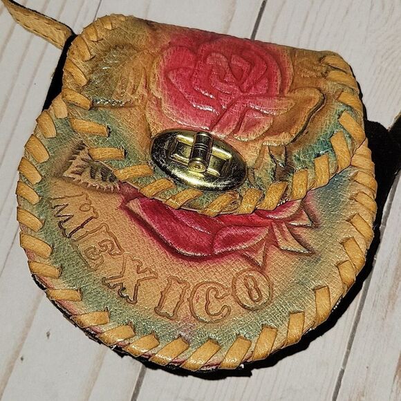 VINTAGE 70s Handtooled Mini Rose Leather Handbag Mexico - Picture 1 of 8